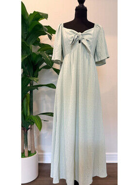 Botanik Studio Tie Front Empire Maxi Dress - Textured Sage Green, Size Medium